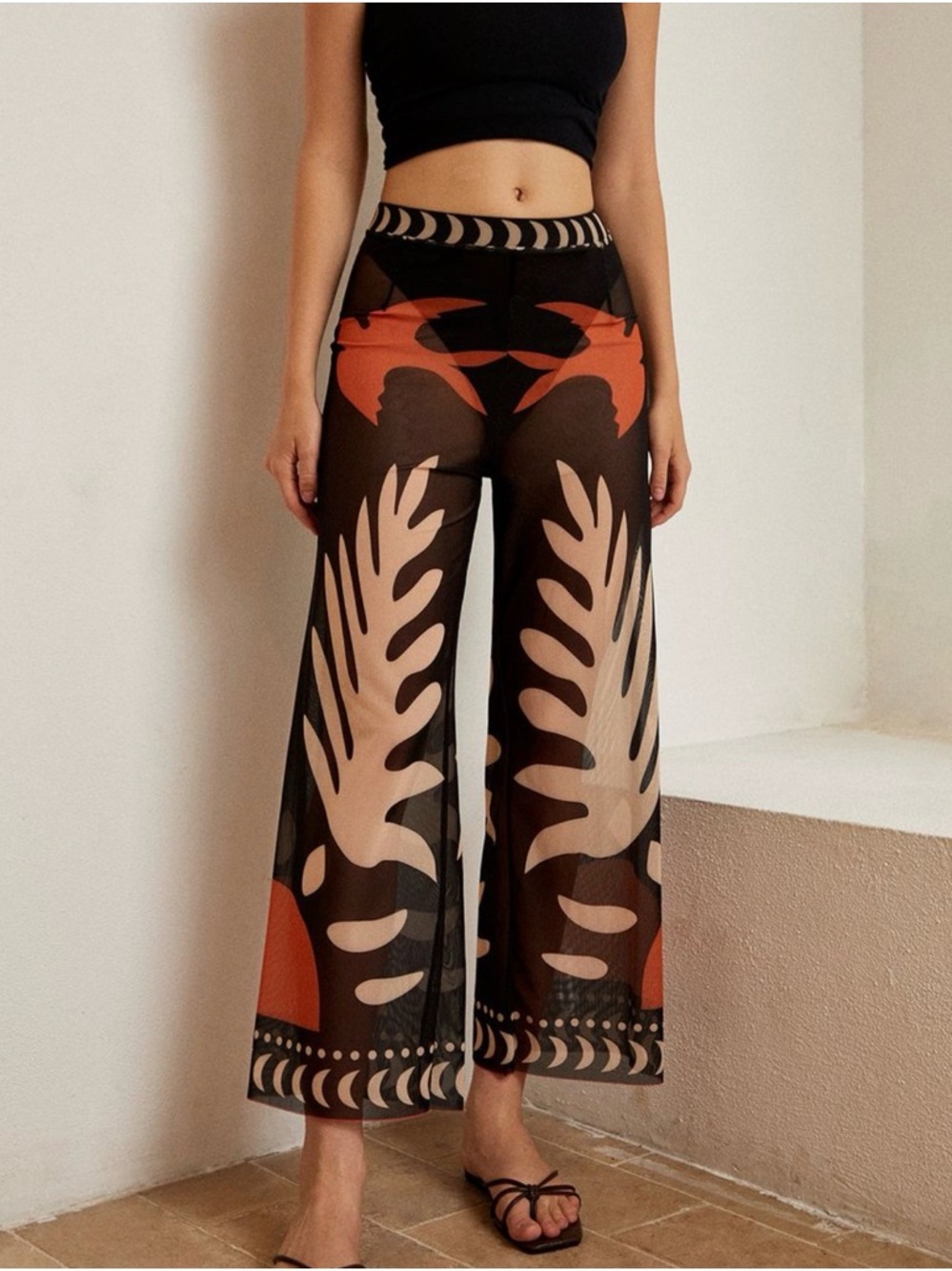 Commense Black Sheer Wide-Leg Swim Coverup Pants with Rust and Beige Print